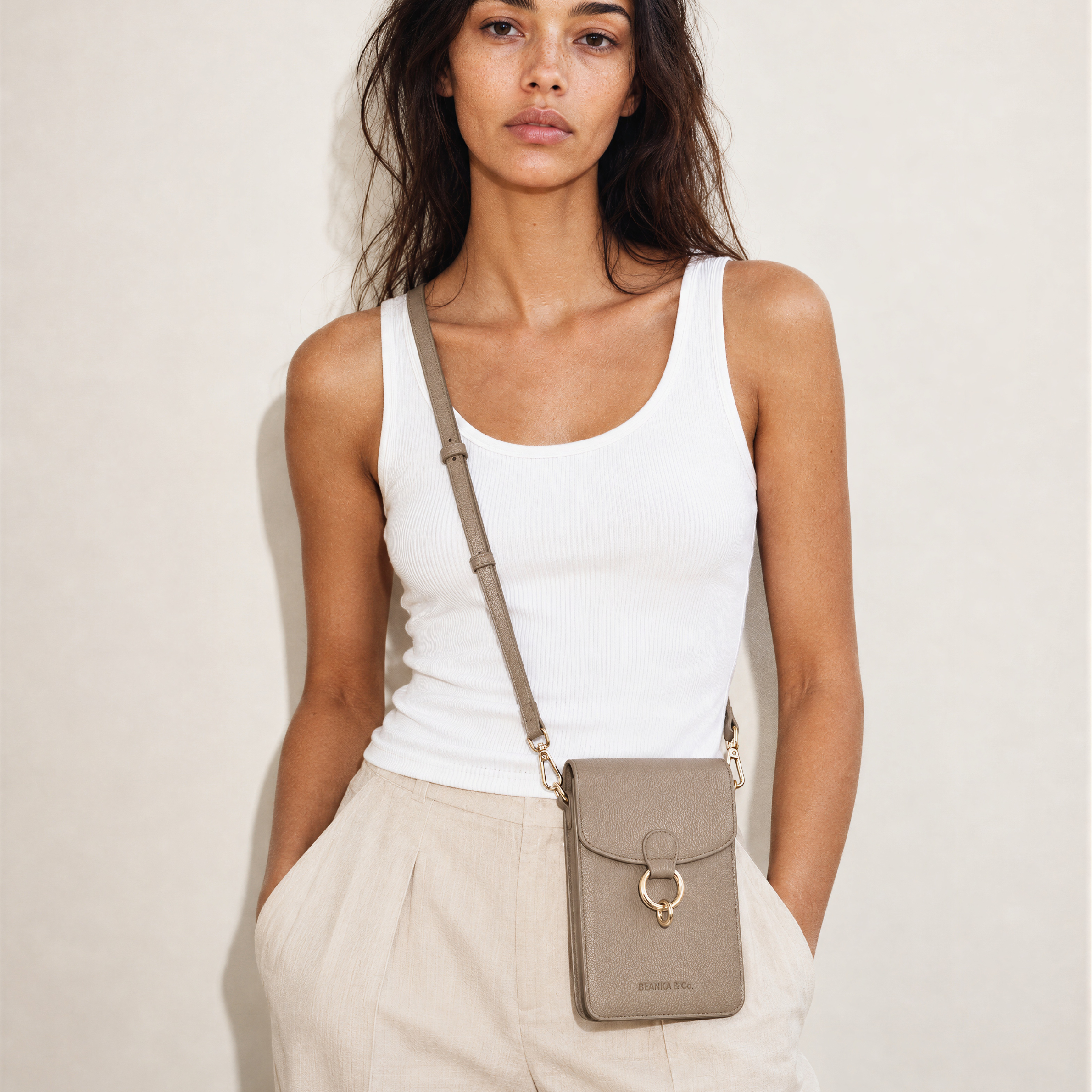 BLANKA Muse Crossbody Leather Phone Bag - Taupe & Gold