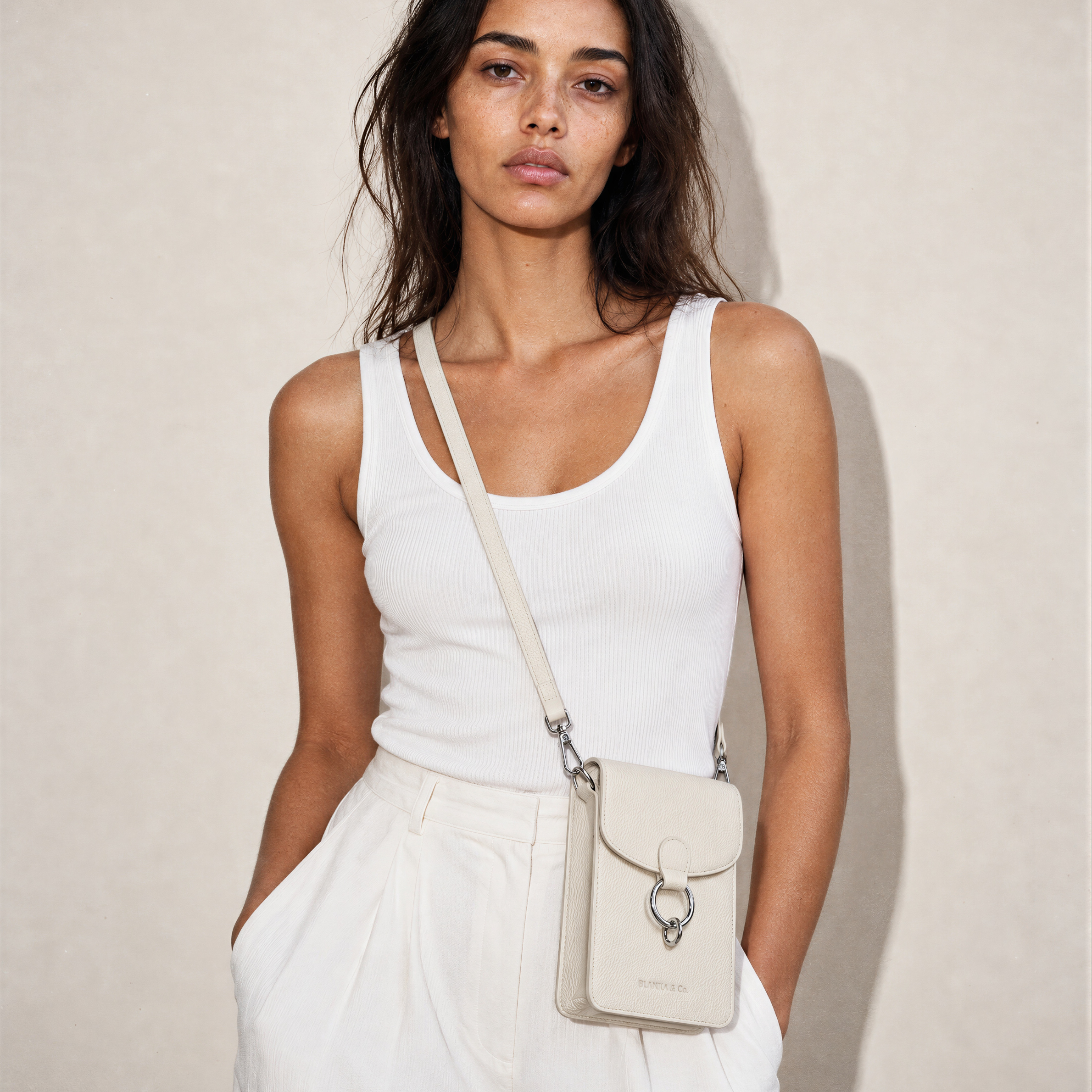BLANKA Muse Crossbody Leather Phone Bag - Oatmilk & Silver