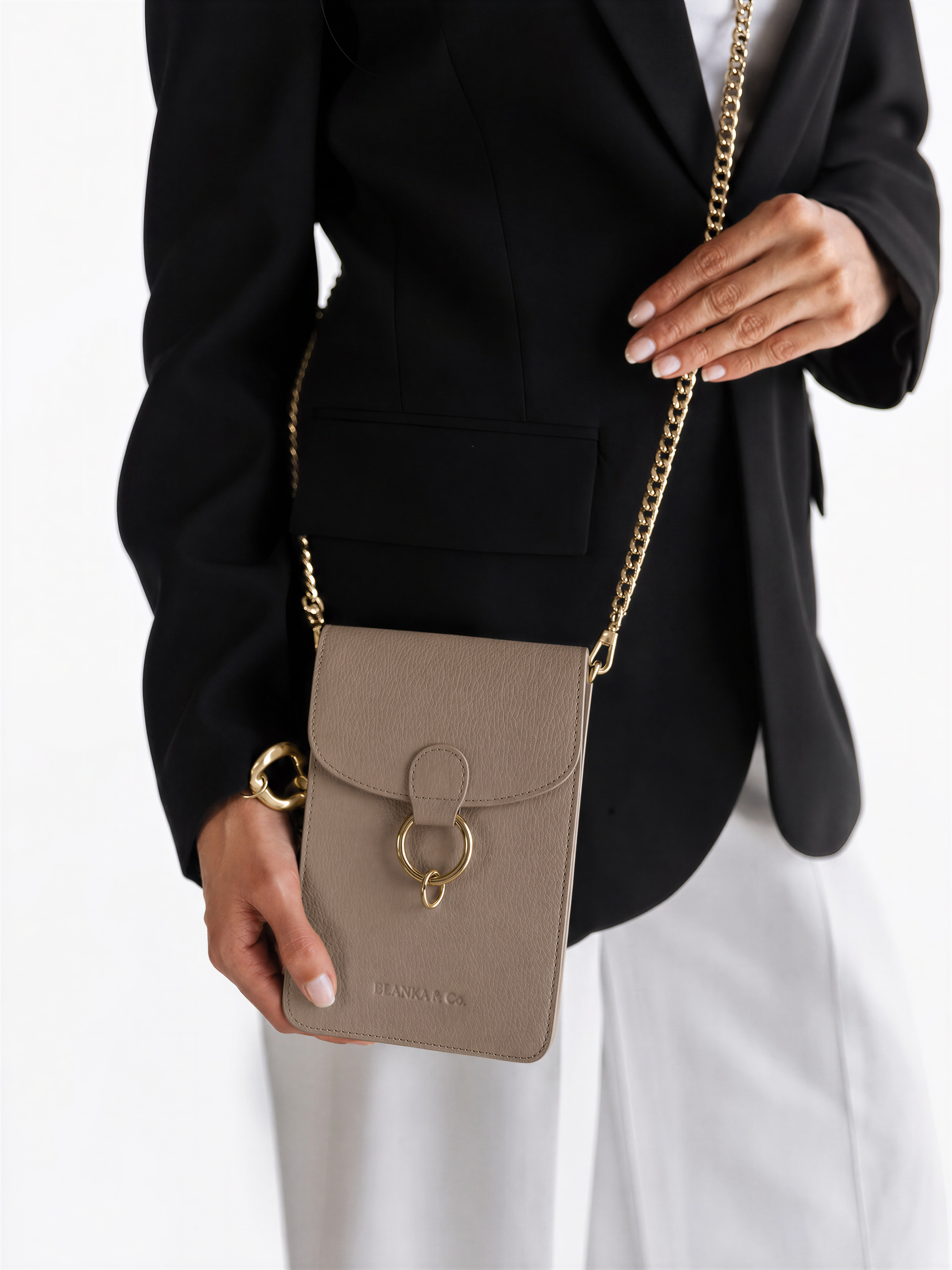 BLANKA Muse Crossbody Leather Phone Bag - Taupe & Gold
